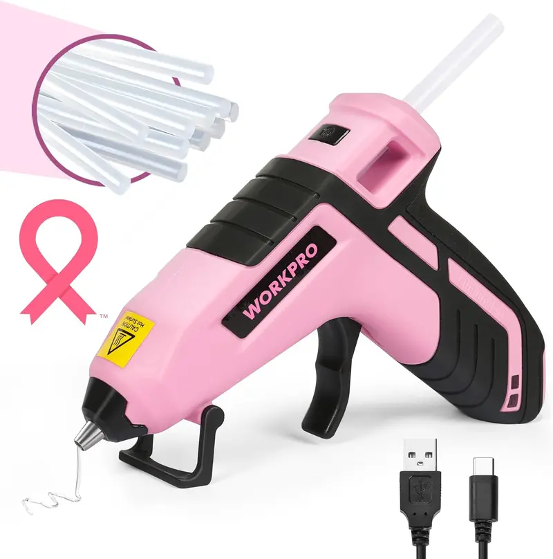 Workpro Upgraded 3.6V Cordless Hot Glue Gun – Comes With 20 Mini Glue Sticks And Ergonomic Pink Design 1