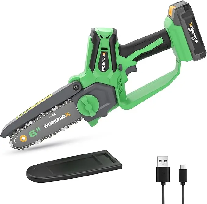 Workprox 20V Cordless Mini Chainsaw – 6-Inch Bar, Type-C Fast Charging, 2.0Ah Battery Included 1