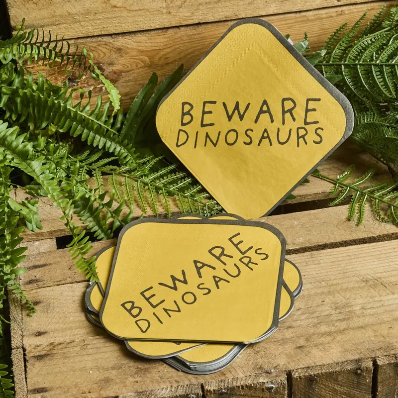 Yellow 'Beware: Dinosaur!' Party Napkins – Bold 16-Piece Set 1